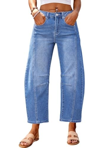 Genleck Barrel Jeans Women Wide Leg Cropped Jeans High Waisted Baggy Boyfriend Mom Denim Ankle Pants with Pockets（Medium Blue,10） - Image 1
