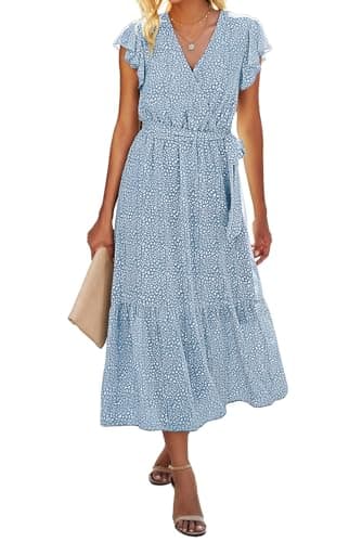BTFBM Women Summer Bohemian Floral Casual Wrap V Neck Ruffle Cap Sleeveless Belt A-Line Pleated Hem Swing Midi Sun Dress (Light Blue, X-Large) - Image 1