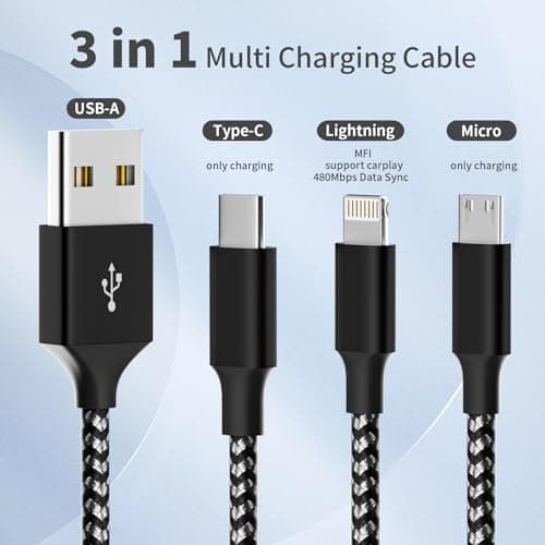 Firsting Multi Charging Cable,(2Pack 4FT) 3 in 1 Charging Cable for Multiple Devices, Nylon Braided Universal Charger Phone Charger Cord with Type-C,Micro USB,IP Port for iPhone16/15 Series/Phone&Pad - Thumbnail 2
