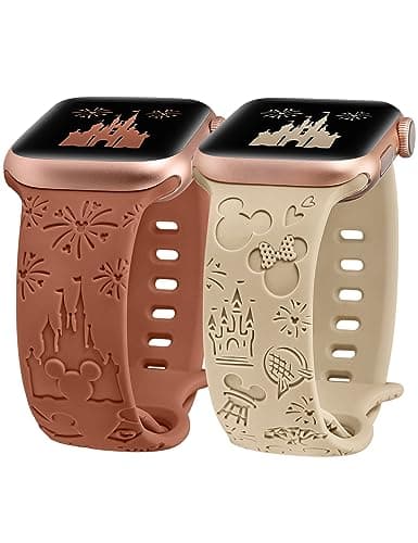 Girovo 2 Packs Cartoon Engraved Bands Compatible with Apple Watch Bands 38/40/41/42mm Women, Cute Anime Designer Soft Silicone Strap for iWatch Series 11 10 9 8 7 6 5 4 3 SE/Ultra 3 2 1, Walnut/Brown - Image 1