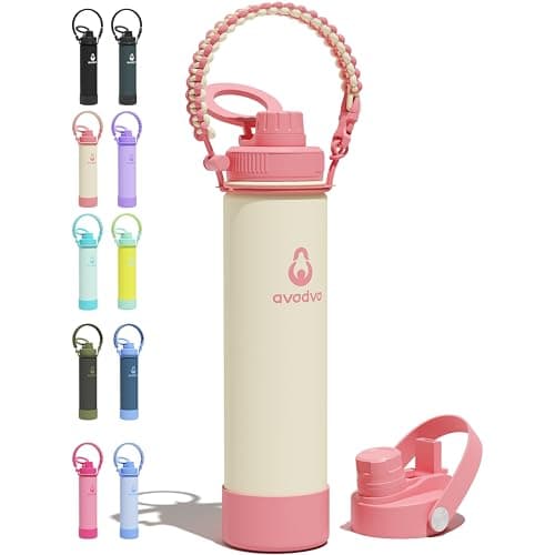 avodvo 24 oz Insulated Water Bottle with 2 Lids (2-in-1 Straw & Spout Lid, Magnetic Lid), Slim Water Bottle with Strap, Stainless Steel Water Bottle for Hiking, Gym, Travel, BPA-Free, Light Pink - Image 1