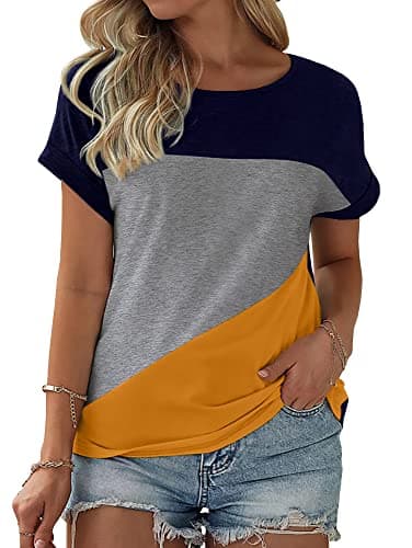 Womens Color Block Short Sleeve Tops Casual Summer T-Shirt Large - Image 1