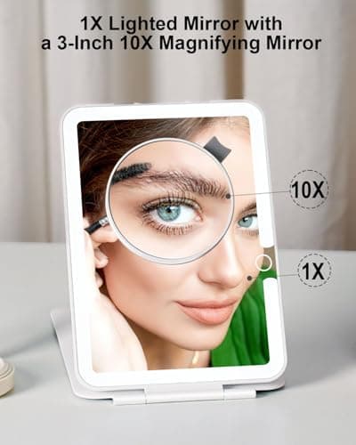 LUKYMIRO Rechargeable Travel Makeup Mirror with Lights and10x Magnification, 70 LEDs 3 Color Lights, Foldable Beauty Mirror, Portable Lighted Mirror Offwhite with Carrying Case - Thumbnail 3