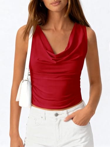 BTFBM Cowl Neck Tank Tops for Women 2026 Spring Summer Sleeveless Dressy Blouses Business Casual Outfits Going Out Top(Red, X-Large) - Thumbnail 2