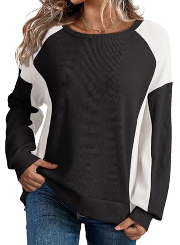Dokotoo Oversized Sweatshirt for Women Waffle Knit Patchwork Color Block Crew Neck Long Sleeve Casual Loose Fit High Low Cute Lightweight Soft Pullover Sweatshirts Fall Tops Fashion 2024 Black Medium - Image 1