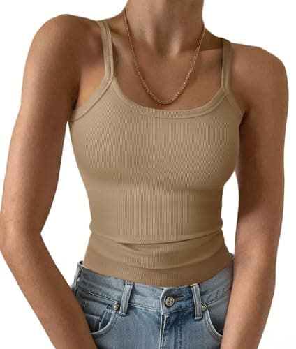 GKBK Scoop Neck Tank Tops for Women Spaghetti Strap Ribbed Women's Tank Top 2026 Summer Cute Shirts Trendy Khaki XS - Image 1