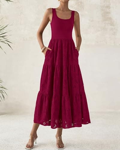 BTFBM Women Summer Eyelet Midi Dresses Casual Spring 2026 Sleeveless A Line Flowy Vacation Beach Wedding Guest Sun Dress(Dark Red, Small) - Thumbnail 5