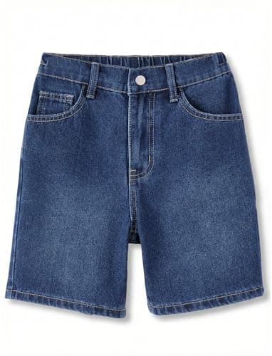 PATPAT Boys Denim Shorts Casual High Elastic Waist Baggy Jeans Shorts with Pockets Y2K Straight Leg Loose Jorts Dark Blue, 11-12Y - Image 1