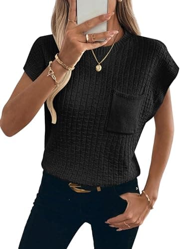 RICHSTORY Short Sleeve Sweaters for Women 2026 Spring Summer Cap Sleeve Tops Casual Round Neck Lightweight Knit Sweater Vest Pullover Top Black Small - Image 1