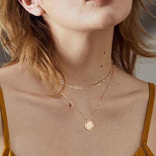LOYATA Layered Choker Necklace Gold Flower Initial Coin Pendant 2 Layer 14K Gold Plated Dainty Paperclip Chain Personalized Jewelry Gift for Women Letter P - Thumbnail 3