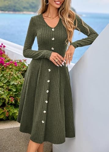 Lazysmile Long Sleeve Fall Winter Dresses for Women V Neck Button Down A Line Swing Casual Knit Sweater Dress Army Green - Thumbnail 6