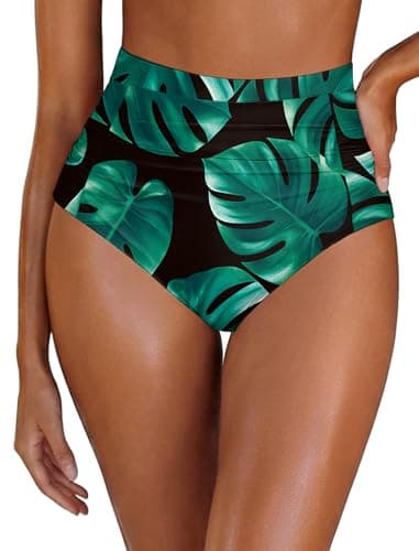 Arolina Women High Waisted Bikini Bottoms Full Coverage Bathing Suit Bottoms Tummy Control Tankini Bottoms Ruched Tropical Bikini Shorts Green Leaves - Image 1