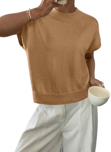 BLENCOT Women's Sweater Vest Ribbed Pullover Knit Tank Top Round Neck Cap Sleeve Loose Fit Summer Casual Clothes Camel 2XL - Image 1