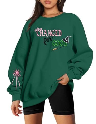Musical Movie Sweatshirt for Women: Changed for Good Embroidered Long Sleeve Crewneck Loose Pullover Top Green - Thumbnail 2