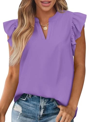 Zenlonr Womens Summer Tops 2026 Casual V Neck Ruffle Cap Sleeve Blouse Shirts Solid Color Tunic Tops(Purple,X-Large) - Image 1