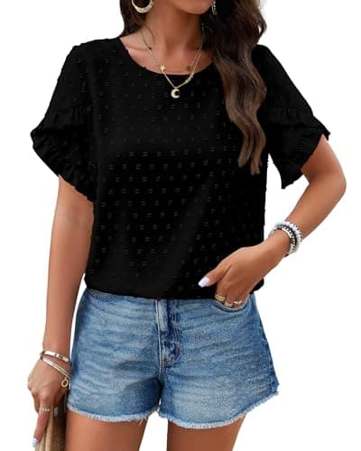 PRETTYGARDEN Women's Tops 2026 Summer Ruffle Short Sleeve Crewneck Blouses Swiss Dots Solid Loose Tunics Work Shirts(Black,Medium) - Image 1
