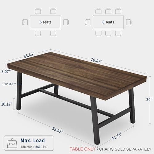 GarveeHome Industrial Dining Table for 6-8 People, 70.87" Long Large Kitchen Table with Sturdy Metal Frame, Rectangular Counter for Dinner, Kitchen, Dining Room (Brown, 71" Non-extendable) - Thumbnail 2
