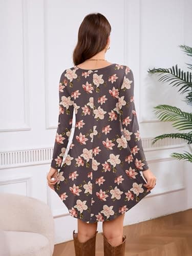 DEARCASE Women's Long Sleeve T Shirt Dress Floral Grey Purple Hibiscus Medium Crewneck Knee Length Loose Casual Flowy Swing Tunic Dresses with Pockets - Thumbnail 3