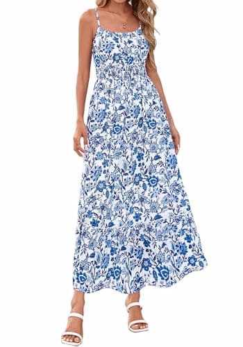 BTFBM Summer Dresses for Women 2026 Sleeveless Spaghetti Strap High Waist Boho Beach Vacation Clothes Spring Maxi Dress(Floral White Blue, X-Large) - Image 1