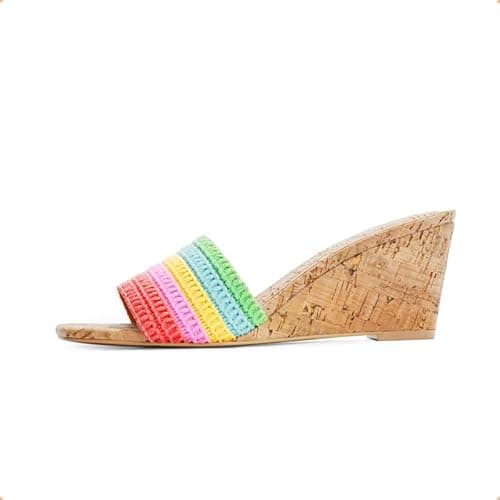 Easyfox Rainbow Wedge Sandals for Women Open Toe Slip on Wedge Heels Square Toe Heeled Sandal Summer Dressy Sandal Size 9.5 - Thumbnail 5