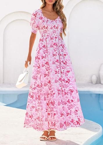PRETTYGARDEN Women's Floral Boho Maxi Dresses Flowy Short Sleeve A Line Smocked Eyelet 2026 Summer Beach Vacation Clothes (Leaves Pink,Small) - Thumbnail 3