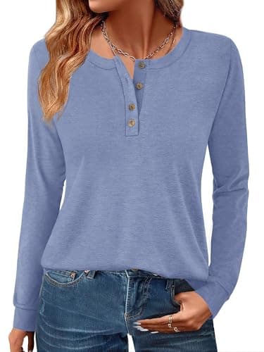 GKBK Womens Henley Tops Long Sleeve Shirts Button Pullover Loose Fit Henley Neck Tunics Light Blue L - Image 1