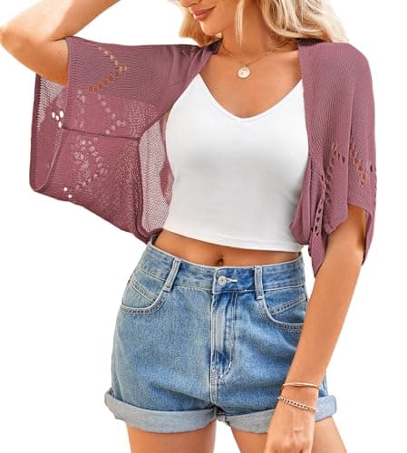 BB&KK Women's Summer Crochet Sweaters Hollow-Out Batwing Short Sleeve Lightweight Open Front Shrug Bolero Cardigans Bean Red M - Image 1