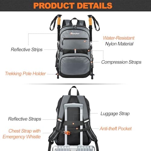 Seektop Lightweight Travel Backpack for Men Women, Multiple Pockets 40L Hiking Backpack Foldable Carry on Backpack for Outdoor Camping Sport Leisure (Gray) - Thumbnail 5
