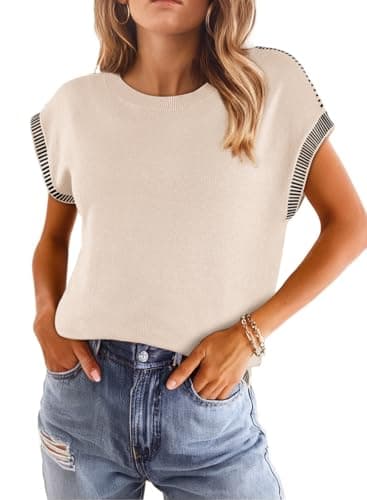 Dokotoo Summer Tops for Women 2025 Cap Short Sleeve Sweater Vest Color Block Sleeveless Knit Tops Crewneck Pullover Casual Loose Fit Beige Oversized Sweaters for Women X-Large - Image 1