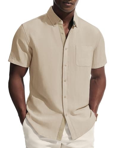 PJ PAUL JONES Mens Button Down Shirt Linen Short Sleeve Dress Shirts for Men Beach Summer Wedding Untucked Shirt Apricot - Image 1