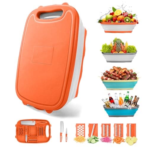 Gintan Camping Cutting Board, 9-in-1 Collapsible Chopping Board with Colander, Kitchen Vegetable Washing Basket for Camping, Camping Gifts Camping Accessories for RV Campers (orange) - Image 1