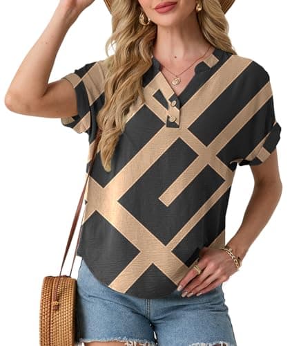 HiMONE Women’s V Neck T Shirts Casual Short Sleeve Tunic Tops Loose Fit Button Front Textured Blouse Summer Lightweight Shirts