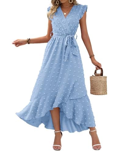 BTFBM Women V Neck Summer Dress 2025 Cap Sleeve Swiss Dot Boho Flowy Ruffle Slit Beach Party Long Maxi Cocktail Dresses(Sky Blue, X-Large) - Image 1