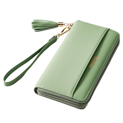 Travelambo Womens Wallet Tassel Bifold Ladies Clutch Wristlet Wrist strap Long Purse (Access Green Light) - Image 1