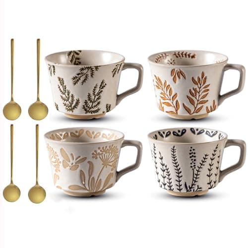 Tvvtuww Ceramic Mug Set of 4, 11oz - Vintage Mug Cups for Coffee Milk Latte Cappuccino Tea, Porcelain Coffee Cups Set Gifts for Women Man, Farmhouse Handmade Stoneware Cups Dishwasher Microwave Safe - Thumbnail 2