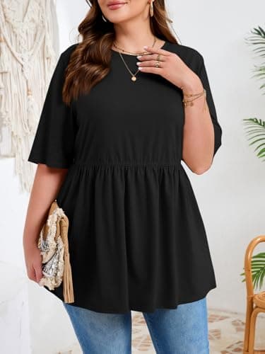 Beautife Womens Plus Size Summer Babydoll Tops Short Sleeve Crew Neck T Shirts Peplum Casual Loose Fit Blouse Black - Thumbnail 3