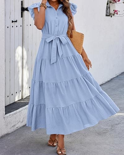 dowerme Ladies Dress 2025 Ruffle Cap Sleeve Button Down V Neck Tie Waist Plain Pleated Tiered Boho Flowy A-Line Dresses(Sky Blue,X-Large) - Thumbnail 4
