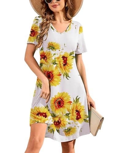 DEARCASE Women's Short Sleeve Casual Sweater Tunic Dress V-Neck Loose Boho Knee Length Fall Summer Petite Stretch A-Line Wedding Guest Flowy Swing Church Tshirt Dresses Sunflower White XX-Large - Image 1