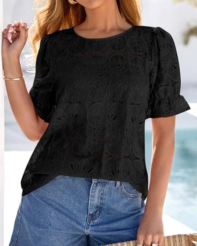 KIRUNDO Lace Tops for Women Blouses Dressy Casual Boho Eyelet Puff Short Sleeve Shirts Spring Summer Clothes Vacation Outfits(Black, Medium) - Thumbnail 6