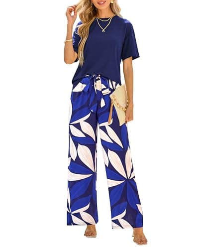 PRETTYGARDEN Women Summer 2 Piece Outfits 2026 Short Sleeve Knit Top Floral Print Belted Wide Leg Pant Sets With Pockets(Dark Blue Floral,Medium) - Image 1