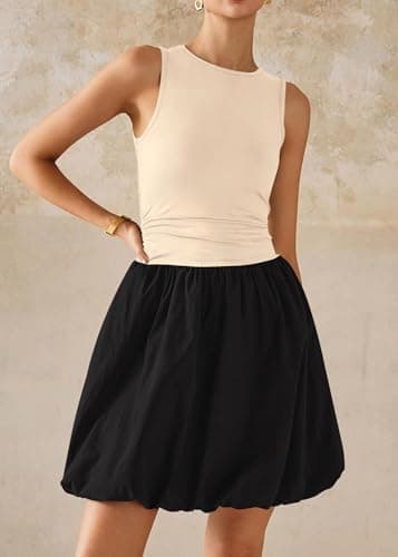 KIRUNDO Summer Bubble Dress for Women 2026 Casual Mini Spring Bodycon Cocktail Dresses Sleeveless Drop Waist Sundress Beach(Beige Black, Small) - Thumbnail 3