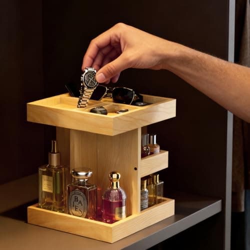 VLXXOI Cologne Organizer for Men Rotating Bathroom Counter Organizer, 3-Tier Solid Wood Storage Caddy, 360-Degree Rotating Stand, Burlywood (Burlywood A) - Thumbnail 6
