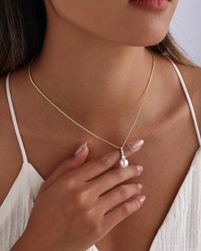 Pearl Necklaces for Women 14k Gold Plated Dainty Pearl Diamond Pendant Necklace Valentine's Day Bridal Bridesmaid Wedding Jewelry Gifts for Women - Thumbnail 3