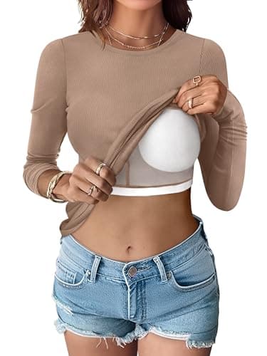 ANRABESS Women Long Sleeve Shirts Built-in Bra Crewneck Rib Knit Slim Fit Basic Tee Tops 2025 Fall Base Layer T-Shirt Light Camel Large - Image 1