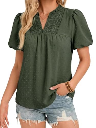 Funlingo Womens Summer Boho Tops Short Sleeve V Neck Blouses for Women Dressy Casual Puff Sleeve Cute Flowy Lace Swiss Dot Bohemian Shirts Green S - Image 1