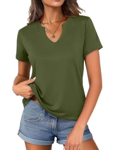 Women's V Neck Cotton T-Shirts Breathable Short Sleeve Tops Lightweight Stretch Summer Tees (Army Green,Small) - Image 1