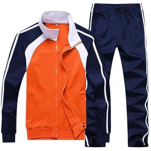 Sun Lorence Men's Athletic Running Tracksuit Set Casual Full Zip Jogging Sweat Suit (Large, Orange) - Image 1
