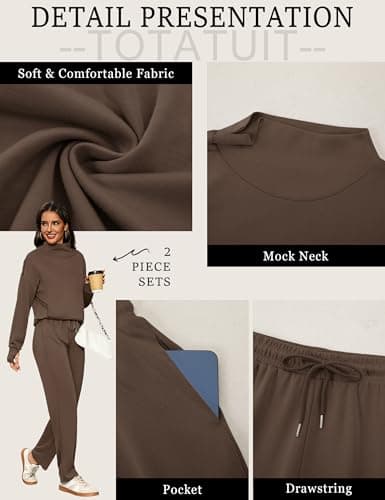 Totatuit Womens Lounge Sweatsuit Set Casual 2 Piece Winter Tracksuit Comfy Turtle Neck Pullover for Sports Wear Light Brown M - Thumbnail 5