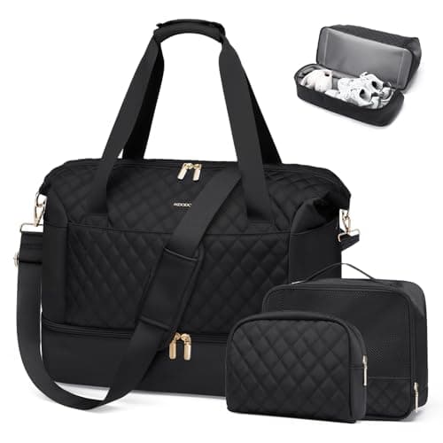 MDODO Travel Duffel Bag for Women Weekender Overnight Carry on Tote Duffle Bag Personal Item Bag with Shoe Compartment Wet Pocket for Business Trips Travel Sports Gym Yoga Hospital,3 Pcs Set,43L,Black - Image 1