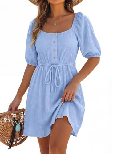 Dokotoo Dresses for Women 2026 Elegant Classy Fashion Embroidered Pleated Sky Blue Dress Tie Waist Square Neck Button Casual Beach Party Dress Short Sleeve Wedding Guest Dresses for Women X-Large - Image 1